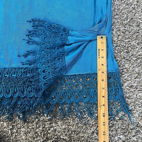 Vintage Top Size Large Blue Solid Lace Fringe Hem Boho Casual Stretch Y2K 90s - Picture 6 of 13